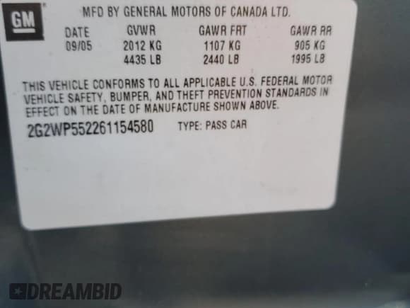 ✅ 2006 Pontiac Grand Prix • VIN: 2G2WP552261154580 • Lot: 82460505. Wystawiony na Copart z przebiegiem 153 402 mil. Bezpłatny archiwum sprzedaży aukcyjnych z USA i szczegółowy raport historii pojazdu na DreamBid. Zdjęcie 12.