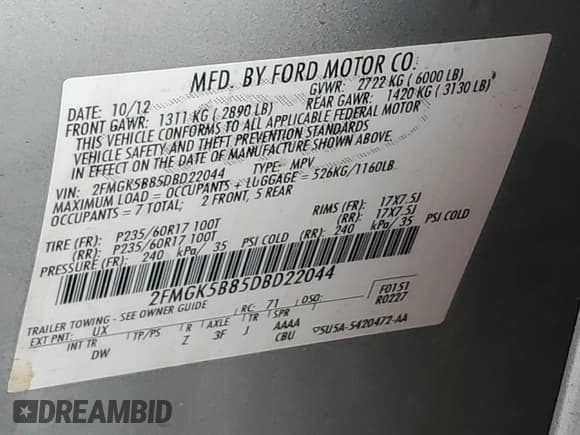 ✅ 2013 Ford Flex SE • VIN: 2FMGK5B85DBD22044 • Lot: 81875205. Listed on Copart with 151,440 mi. Free auction sales archive from the USA and detailed vehicle history report at DreamBid. Image 13.