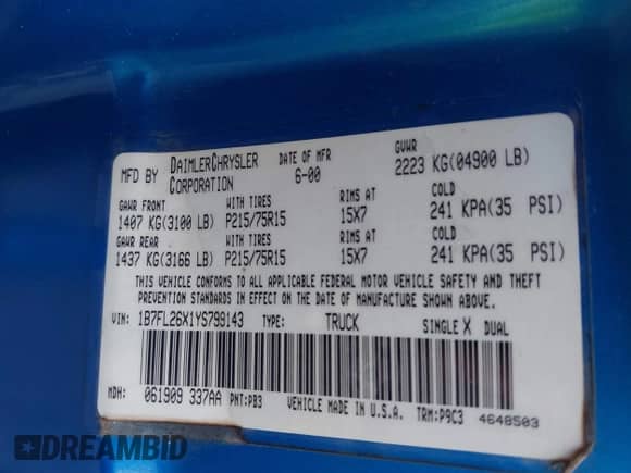 2000 Dodge Dakota with VIN 1B7FL26X1YS799143, listed as a IAAI auction lot 42303206 with 148,576 mi miles and . Bid and sale history available at DreamBid. Image 9.
