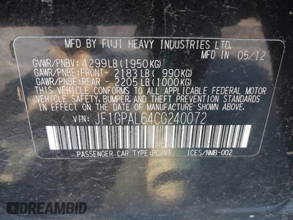 ✅ 2012 Subaru Impreza Special Sports Premium • VIN: JF1GPAL64CG240072 • Lot: 41908837. Listed on IAAI with 128,822 mi. Free auction sales archive from the USA and detailed vehicle history report at DreamBid. Image 9.