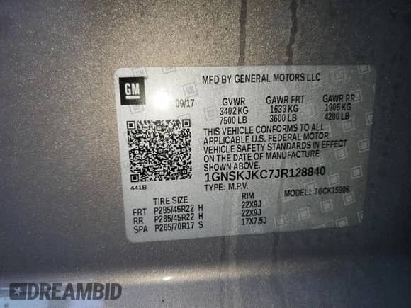 2018 Chevrolet Suburban Premier z VIN 1GNSKJKC7JR128840, wystawiony jako Copart lot #71464134 z przebiegiem 183 380 mil mil oraz Szkoda całkowita • Salvage title. Historia ofert i sprzedaży dostępna na DreamBid. Obrazek 13.