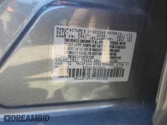 ✅ 2017 Nissan Sentra S • VIN: 3N1AB7APXHY221208 • Lot: 86629325. Listed on Copart with 85,855 mi. Free auction sales archive from the USA and detailed vehicle history report at DreamBid. Image 12.