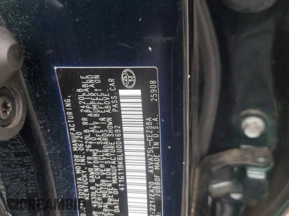 2020 Toyota Camry SE with VIN 4T1G11BK6LU004692, listed as a Copart auction lot 68245575 with 58,873 mi miles and Salvage title. Bid and sale history available at DreamBid. Image 12.