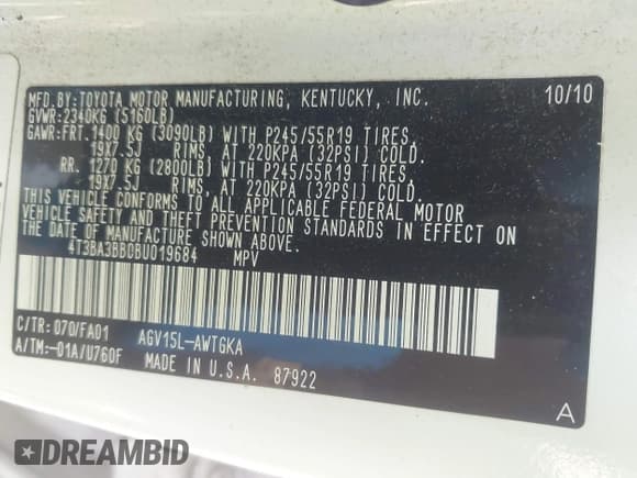 ✅ 2011 Toyota Venza • VIN: 4T3BA3BB0BU019684 • Лот: 42680027. Опубликован ранее на IAAI с пробегом 164 083 миль. Бесплатный доступ к архиву аукционных продаж из США и подробный отчёт об истории автомобиля на DreamBid. Изображение 9.