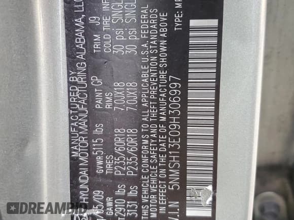 ✅ 2009 Hyundai Santa Fe SE • VIN: 5NMSH13E09H306997 • Lot: 69345915. Listed on Copart with 141,655 mi. Free auction sales archive from the USA and detailed vehicle history report at DreamBid. Image 13.