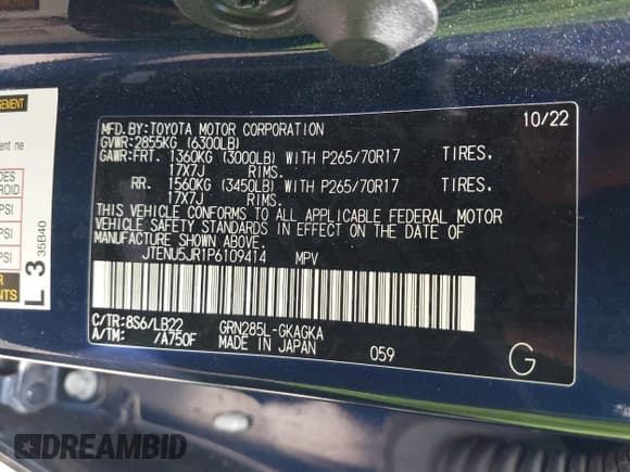 ✅ 2023 Toyota 4Runner SR5 Premium • VIN: JTENU5JR1P6109414 • Lot: 42443938. Listed on IAAI with 59,715 mi. Free auction sales archive from the USA and detailed vehicle history report at DreamBid. Image 9.