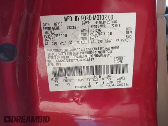 ✅ 2011 Mercury Mariner • VIN: 4M2CN8B77BKJ04817 • Lot: 40493583. Listed on IAAI with 292,950 mi. Free auction sales archive from the USA and detailed vehicle history report at DreamBid. Image 9.