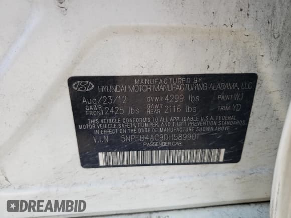 ✅ 2013 Hyundai Sonata GLS • VIN: 5NPEB4AC9DH589901 • Lot: 69788654. Listed on Copart with 131,138 mi. Free auction sales archive from the USA and detailed vehicle history report at DreamBid. Image 12.