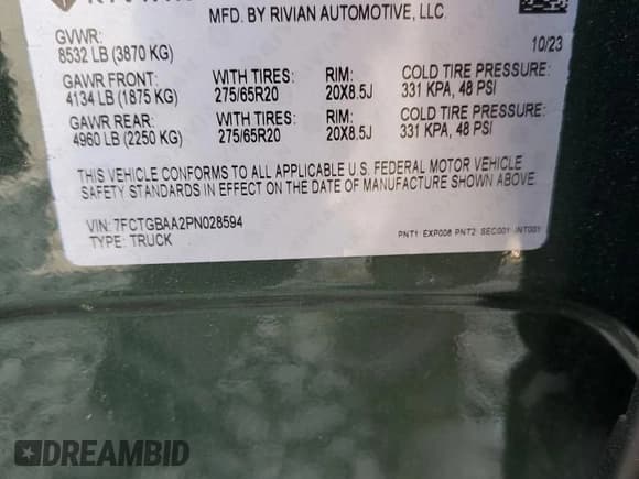 ✅ 2023 Rivian R1T Adventure • VIN: 7FCTGBAA2PN028594 • Lot: 60705455. Wystawiony na Copart z przebiegiem Nie podano. Bezpłatny archiwum sprzedaży aukcyjnych z USA i szczegółowy raport historii pojazdu na DreamBid. Zdjęcie 12.