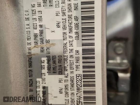 ✅ 2021 Mazda 3 2.0 • VIN: 3MZBPAA7XMM203239 • Lot: 92470715. Listed on Copart with 71,566 mi. Free auction sales archive from the USA and detailed vehicle history report at DreamBid. Image 12.