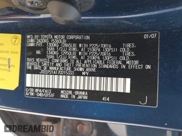 ✅ 2007 Toyota Highlander w/3rd Row • VIN: JTEEP21A170215333 • Lot: 43112891. Listed on IAAI with 269,889 mi. Free auction sales archive from the USA and detailed vehicle history report at DreamBid. Image 9.