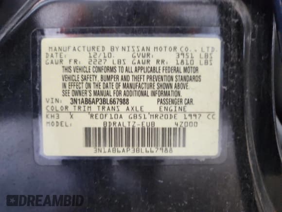 ✅ 2011 Nissan Sentra SR • VIN: 3N1AB6AP3BL667988 • Lot: 70075885. Listed on Copart with Not provided. Free auction sales archive from the USA and detailed vehicle history report at DreamBid. Image 13.