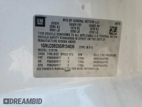 ✅ 2016 Chevrolet Tahoe Commercial • VIN: 1GNLCDEC6GR134636 • Lot: 69053415. Listed on Copart with 222,984 mi. Free auction sales archive from the USA and detailed vehicle history report at DreamBid. Image 13.