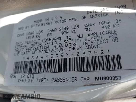 ✅ 2000 Mitsubishi Galant ES • VIN: 4A3AA46G9YE087521 • Лот: 42652219. Опубликован ранее на IAAI с пробегом 184 205 миль. Бесплатный доступ к архиву аукционных продаж из США и подробный отчёт об истории автомобиля на DreamBid. Изображение 9.