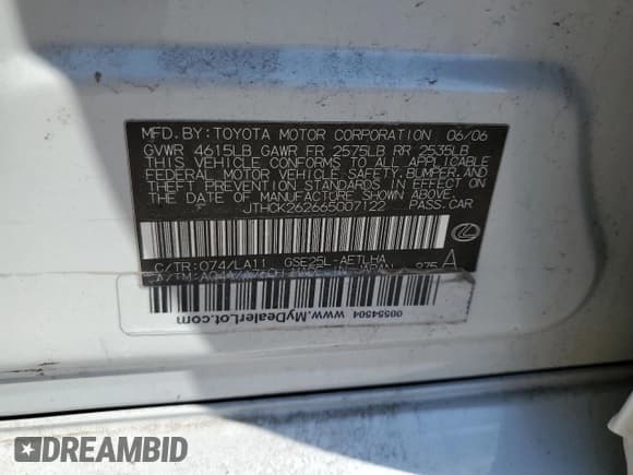 ✅ 2006 Lexus IS 250 • VIN: JTHCK262665007122 • Lot: 53168355. Listed on Copart with 177,680 mi. Free auction sales archive from the USA and detailed vehicle history report at DreamBid. Image 12.