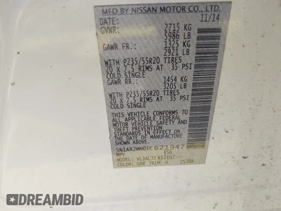 ✅ 2015 Nissan Pathfinder S • VIN: 5N1AR2MN0FC621947 • Lot: 42370234. Listed on IAAI with 109,510 mi. Free auction sales archive from the USA and detailed vehicle history report at DreamBid. Image 9.