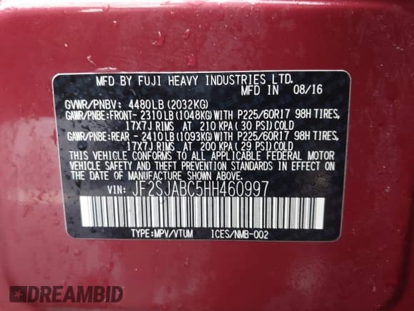 ✅ 2017 Subaru Forester • VIN: JF2SJABC5HH460997 • Lot: 43552432. Wystawiony na IAAI z przebiegiem 124 494 mil. Bezpłatny archiwum sprzedaży aukcyjnych z USA i szczegółowy raport historii pojazdu na DreamBid. Zdjęcie 9.