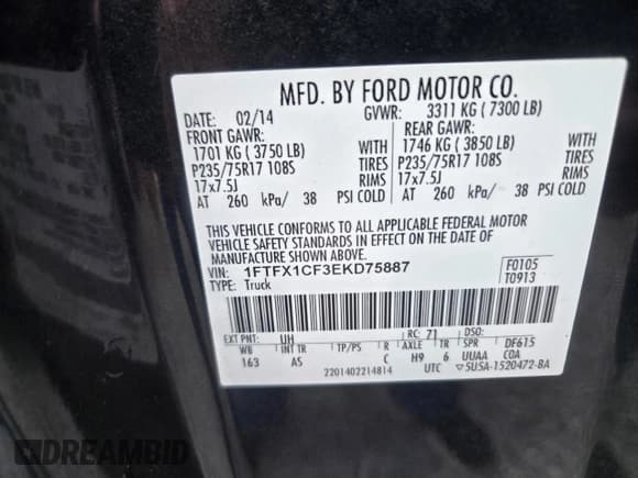 ✅ 2014 Ford F-150 XL • VIN: 1FTFX1CF3EKD75887 • Lot: 85573925. Wystawiony na Copart z przebiegiem 173 134 mil. Bezpłatny archiwum sprzedaży aukcyjnych z USA i szczegółowy raport historii pojazdu na DreamBid. Zdjęcie 10.