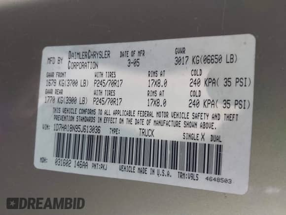 2005 Dodge 1500 SLT с VIN 1D7HA18N95J613036, выставлен на аукционе IAAI как лот 43498658 с пробегом 241 053 миль миль и . История ставок и продаж доступна на DreamBid. Изображение 9.