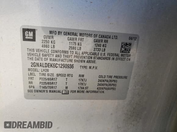 ✅ 2012 Chevrolet Equinox 1LT • VIN: 2GNALDEK6C1290936 • Lot: 59972894. Listed on Copart with 111,263 mi. Free auction sales archive from the USA and detailed vehicle history report at DreamBid. Image 13.