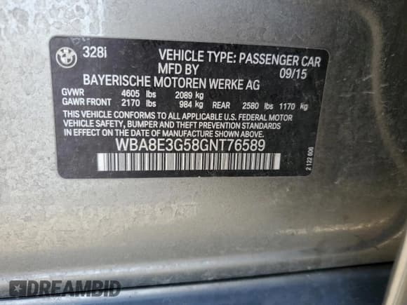 ✅ 2016 BMW 3 Series 328i xDrive • VIN: WBA8E3G58GNT76589 • Lot: 50956185. Listed on Copart with 86,432 mi. Free auction sales archive from the USA and detailed vehicle history report at DreamBid. Image 12.