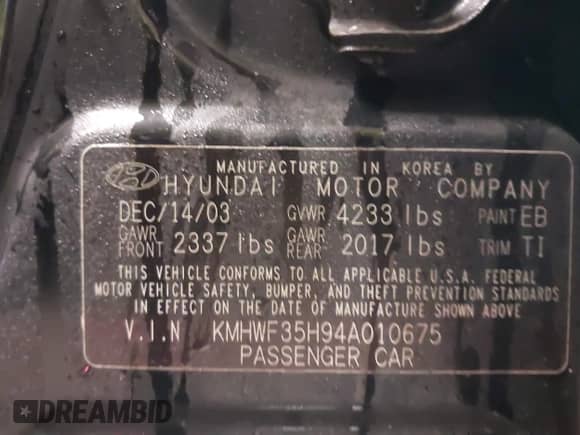 2004 Hyundai Sonata GLS z VIN KMHWF35H94A010675, wystawiony jako IAAI lot #41520400 z przebiegiem 156 631 mil mil oraz . Historia ofert i sprzedaży dostępna na DreamBid. Obrazek 9.