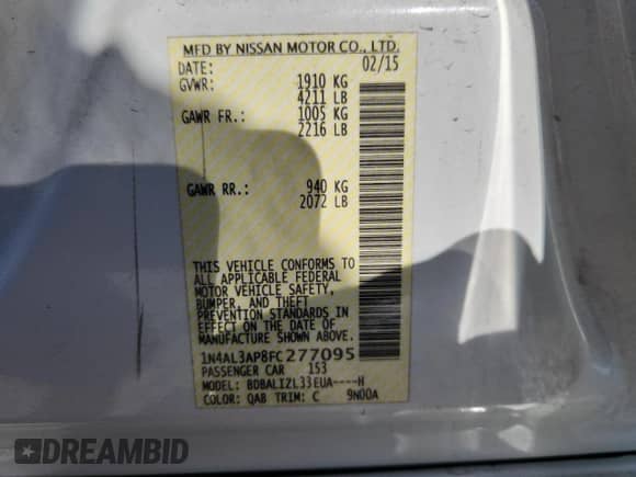 2015 Nissan Altima SV с VIN 1N4AL3AP8FC277095, выставлен на аукционе Copart как лот 90319715 с пробегом 77 124 миль миль и Списание • Salvage title. История ставок и продаж доступна на DreamBid. Изображение 12.