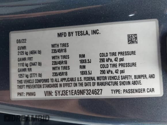 ✅ 2022 Tesla Model 3 • VIN: 5YJ3E1EA9NF324627 • Лот: 43297434. Опубликован ранее на IAAI с пробегом Не указан. Бесплатный доступ к архиву аукционных продаж из США и подробный отчёт об истории автомобиля на DreamBid. Изображение 9.