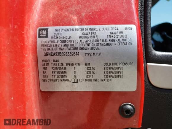 2009 Chevrolet HHR 1LT z VIN 3GNCA23B89S539644, wystawiony jako Copart lot #63522484 z przebiegiem 176 873 mil mil oraz Czysty tytuł • Clean title. Historia ofert i sprzedaży dostępna na DreamBid. Obrazek 12.