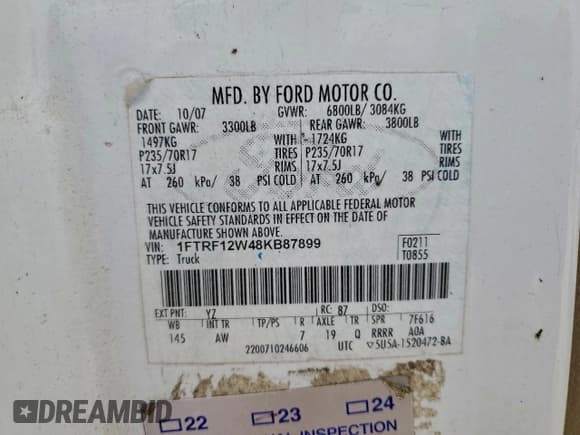 ✅ 2008 Ford F-150 XL • VIN: 1FTRF12W48KB87899 • Lot: 95890505. Wystawiony na Copart z przebiegiem 160 765 mil. Bezpłatny archiwum sprzedaży aukcyjnych z USA i szczegółowy raport historii pojazdu na DreamBid. Zdjęcie 12.