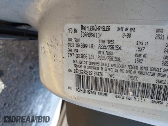 ✅ 2001 Dodge Dakota Sport • VIN: 1B7GG2AX51S167476 • Lot: 42487594. Wystawiony na IAAI z przebiegiem 234 228 mil. Bezpłatny archiwum sprzedaży aukcyjnych z USA i szczegółowy raport historii pojazdu na DreamBid. Zdjęcie 9.