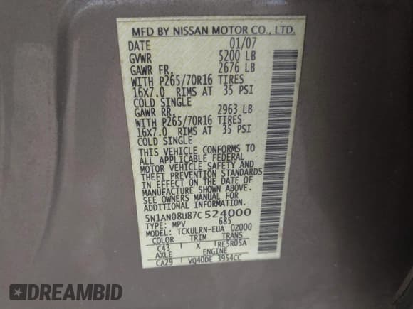 ✅ 2007 Nissan Xterra S • VIN: 5N1AN08U87C524000 • Lot: 41920412. Listed on IAAI with 131,658 mi. Free auction sales archive from the USA and detailed vehicle history report at DreamBid. Image 9.