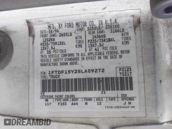 ✅ 1995 Ford F-150 • VIN: 1FTDF15Y2SLA09272 • Lot: 42292685. Listed on IAAI with 179,813 mi. Free auction sales archive from the USA and detailed vehicle history report at DreamBid. Image 9.