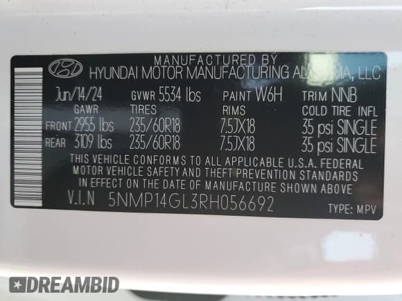 ✅ 2024 Hyundai Santa Fe SE • VIN: 5NMP14GL3RH056692 • Lot: 89872215. Listed on Copart with 15,763 mi. Free auction sales archive from the USA and detailed vehicle history report at DreamBid. Image 13.