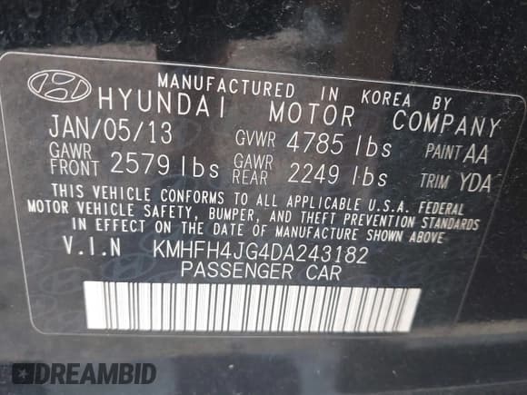 ✅ 2013 Hyundai Azera • VIN: KMHFH4JG4DA243182 • Лот: 42403300. Опубликован ранее на IAAI с пробегом 237 975 миль. Бесплатный доступ к архиву аукционных продаж из США и подробный отчёт об истории автомобиля на DreamBid. Изображение 9.