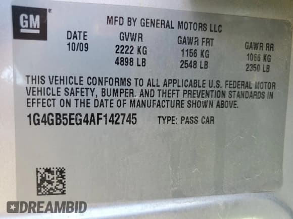 ✅ 2010 Buick LaCrosse CX • VIN: 1G4GB5EG4AF142745 • Lot: 90280375. Listed on Copart with 93,338 mi. Free auction sales archive from the USA and detailed vehicle history report at DreamBid. Image 12.