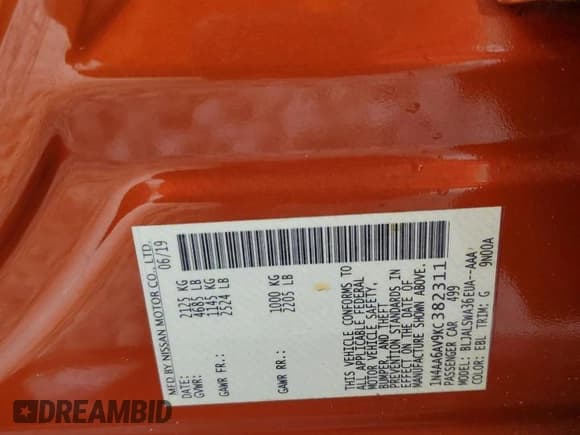 ✅ 2019 Nissan Maxima SV • VIN: 1N4AA6AV9KC382311 • Lot: 92174935. Listed on Copart with Not provided. Free auction sales archive from the USA and detailed vehicle history report at DreamBid. Image 13.