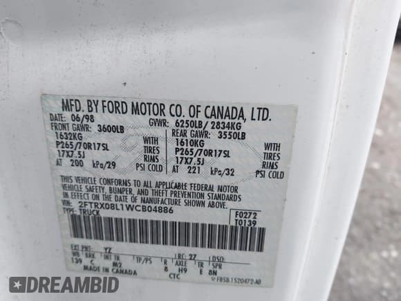 ✅ 1998 Ford F-150 XL • VIN: 2FTRX08L1WCB04886 • Lot: 41983810. Listed on IAAI with 185,909 mi. Free auction sales archive from the USA and detailed vehicle history report at DreamBid. Image 9.