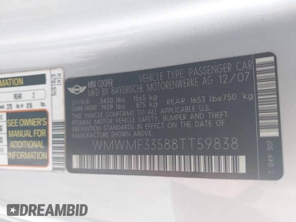 2008 MINI Hardtop с VIN WMWMF33588TT59838, выставлен на аукционе IAAI как лот 43367389 с пробегом 246 154 миль миль и . История ставок и продаж доступна на DreamBid. Изображение 9.