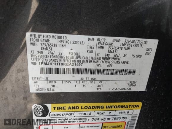 ✅ 2019 Ford Expedition Max XLT • VIN: 1FMJK1HT0KEA21497 • Lot: 43427872. Listed on IAAI with 137,920 mi. Free auction sales archive from the USA and detailed vehicle history report at DreamBid. Image 9.