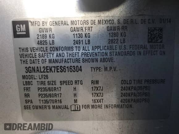 2014 Chevrolet Captiva Sport LS с VIN 3GNAL2EK7ES616304, выставлен на аукционе Copart как лот 87121914 с пробегом 151 557 миль миль и Чистый • Clean title. История ставок и продаж доступна на DreamBid. Изображение 12.