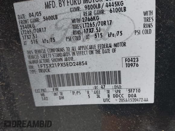 ✅ 2005 Ford F-250 XL • VIN: 1FTSX21PX5ED24854 • Lot: 42653022. Listed on IAAI with 199,762 mi. Free auction sales archive from the USA and detailed vehicle history report at DreamBid. Image 9.