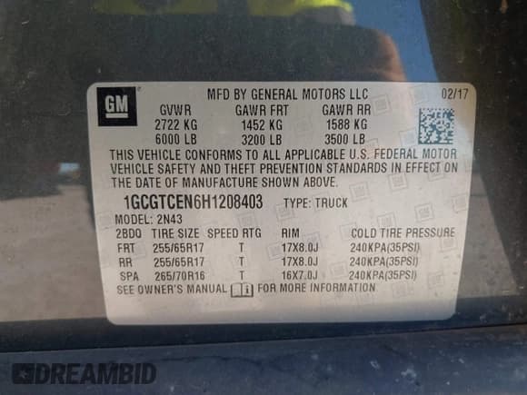 ✅ 2017 Chevrolet Colorado 4WD LT • VIN: 1GCGTCEN6H1208403 • Lot: 43506273. Listed on IAAI with 95,232 mi. Free auction sales archive from the USA and detailed vehicle history report at DreamBid. Image 9.