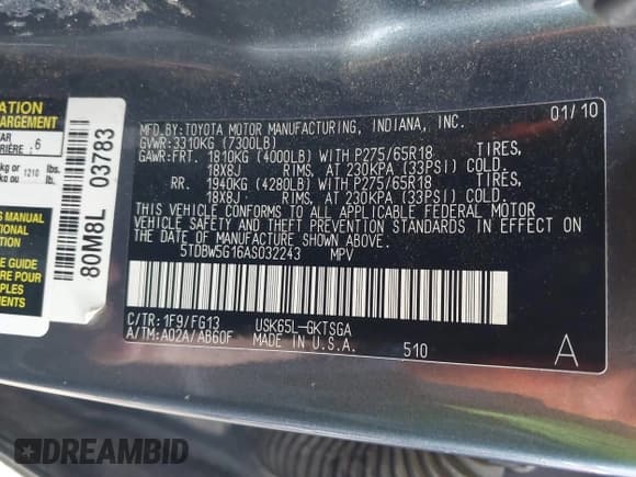 ✅ 2010 Toyota Sequoia SR5 • VIN: 5TDBW5G16AS032243 • Lot: 41568907. Listed on IAAI with 213,838 mi. Free auction sales archive from the USA and detailed vehicle history report at DreamBid. Image 9.