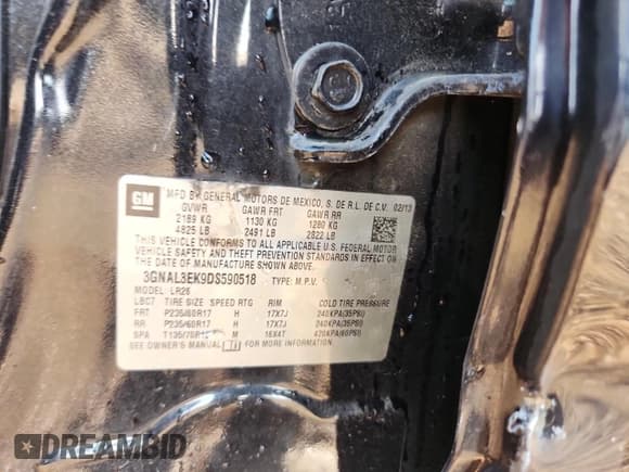 ✅ 2013 Chevrolet Captiva Sport LT • VIN: 3GNAL3EK9DS590518 • Lot: 80625665. Listed on Copart with 217,679 mi. Free auction sales archive from the USA and detailed vehicle history report at DreamBid. Image 13.