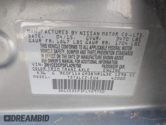 ✅ 2015 Nissan Note S • VIN: 3N1CE2CP3FL429750 • Lot: 43029592. Listed on IAAI with Not provided. Free auction sales archive from the USA and detailed vehicle history report at DreamBid. Image 9.