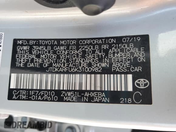 ✅ 2019 Toyota Prius L Eco • VIN: JTDKARFU6K3100982 • Lot: 80781775. Listed on Copart with 50,978 mi. Free auction sales archive from the USA and detailed vehicle history report at DreamBid. Image 12.