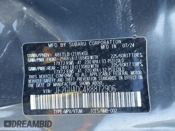 ✅ 2024 Subaru Crosstrek Premium • VIN: JF2GUADC4R8872906 • Lot: 43516341. Listed on IAAI with 6,341 mi. Free auction sales archive from the USA and detailed vehicle history report at DreamBid. Image 9.