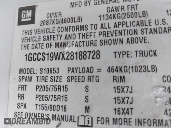 ✅ 2002 Chevrolet S-10 • VIN: 1GCCS19WX28188728 • Лот: 42337500. Опубликован ранее на IAAI с пробегом 305 227 миль. Бесплатный доступ к архиву аукционных продаж из США и подробный отчёт об истории автомобиля на DreamBid. Изображение 9.