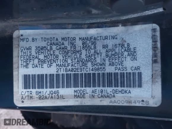 ✅ 1996 Toyota Corolla • VIN: 2T1BA02E9TC149855 • Лот: 41767658. Опубликован ранее на IAAI с пробегом 203 957 миль. Бесплатный доступ к архиву аукционных продаж из США и подробный отчёт об истории автомобиля на DreamBid. Изображение 9.